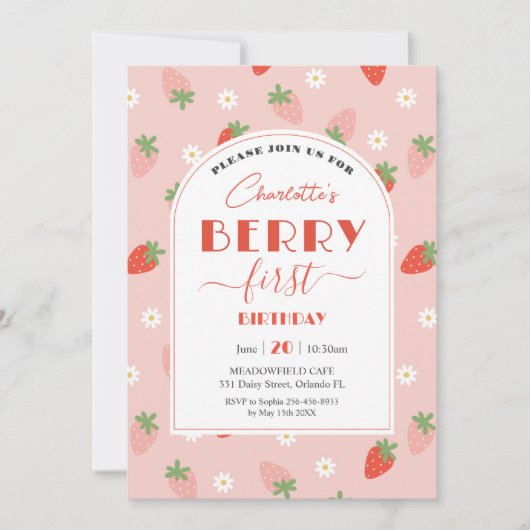 Niedliche Erdbeeren Berry Erster Geburtstag Einladung (Vorderseite)