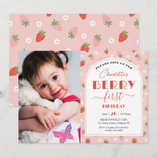 Niedliche Erdbeeren Berry Erster Geburtstag Foto Einladung