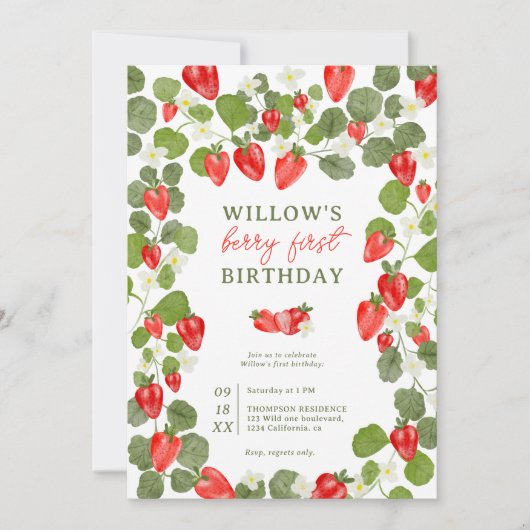 Niedliche Erdbeeren Blumenbeere 1. Geburtstag Einladung (Vorderseite)