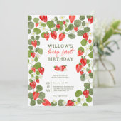 Niedliche Erdbeeren Blumenbeere 1. Geburtstag Einladung (Stehend Vorderseite)