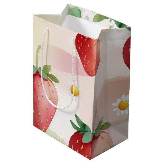 Niedliche Erdbeeren Regenbogen Geburtstagsparty Mittlere Geschenktüte (Rückseite Schrägansicht)