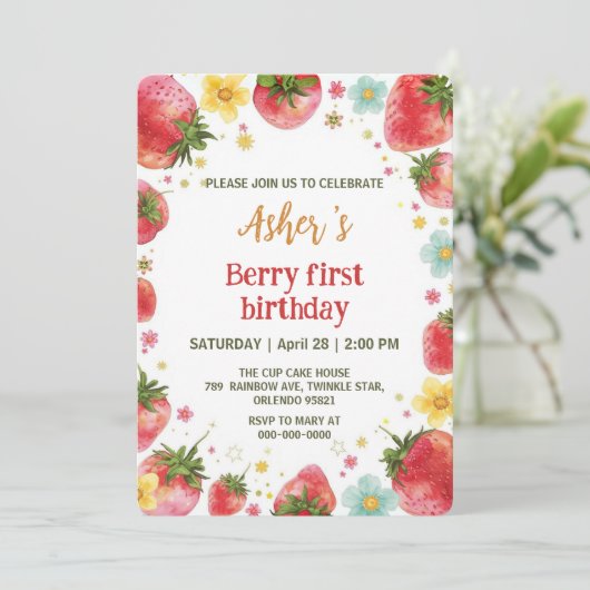 Niedliche Erdbeeren Regenbogenmuster 1. Einladung (Stehend Vorderseite)