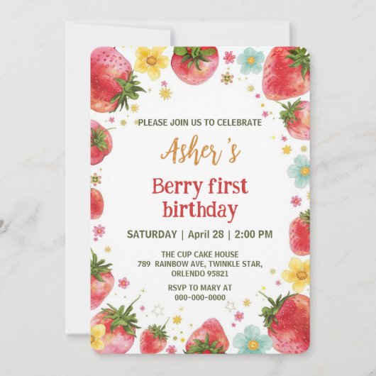 Niedliche Erdbeeren Regenbogenmuster 1. Einladung (Vorderseite)