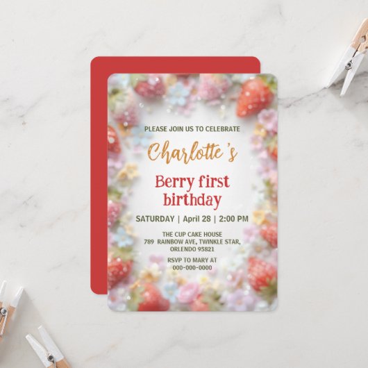 Niedliche Erdbeeren Regenbogenmuster 1. Einladung (Vorderseite/Rückseite Beispiel)