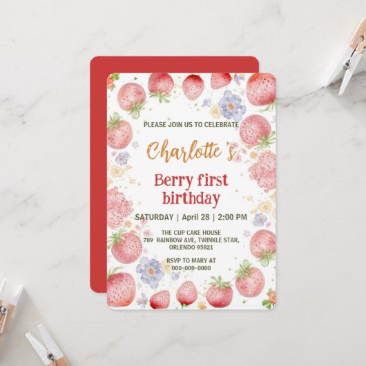 Niedliche Erdbeeren Regenbogenmuster 1. Einladung (Vorderseite/Rückseite Beispiel)