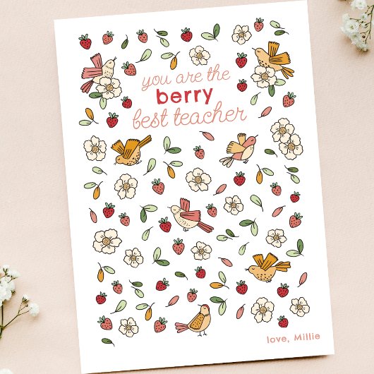 Niedliche Erdbeeren und Vögel Lehrerbewertung Dankeskarte