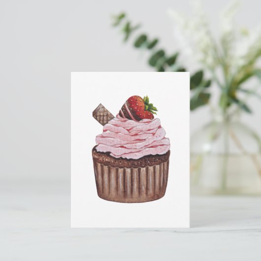 Niedliche Erdbeerkuchen in Aquarellfarbe Postkarte (Stehend Vorderseite)