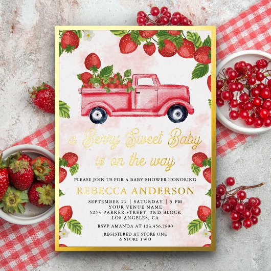 Niedliche Erdbeertragetruck Berry Sweet Baby Showr Folieneinladung