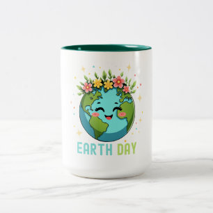 Niedliche Erde am Tag der Erde mit Blumen Zweifarbige Tasse