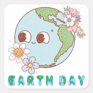 Niedliche Erde mit Blume Happy Earth Day Floral Quadratischer Aufkleber