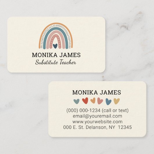 Niedliche Ersatzlehrerin Cream Boho Rainbow Visitenkarte (Vorne/Hinten)