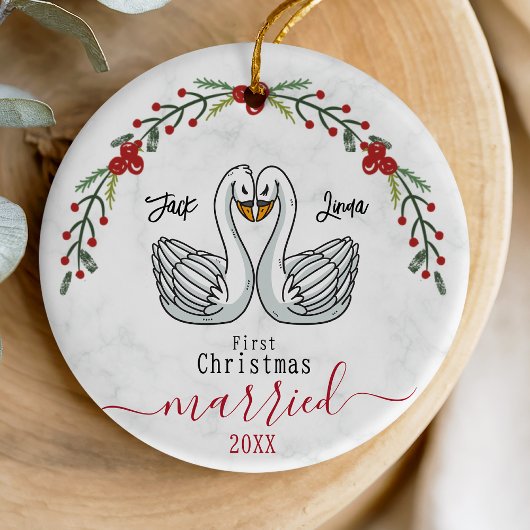 Niedliche erste Weihnachtszeit verheiratete Weißvö Keramik Ornament
