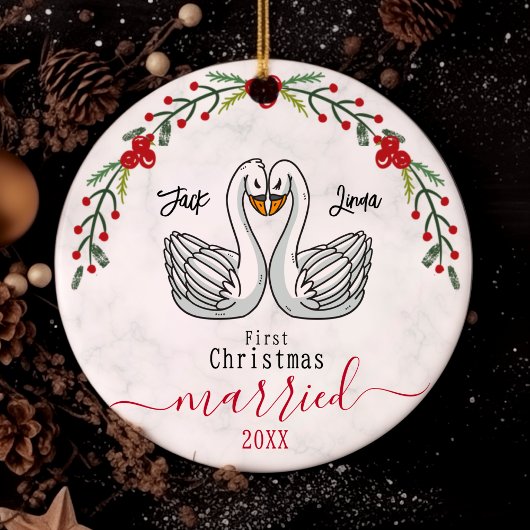Niedliche erste Weihnachtszeit verheiratete Weißvö Keramik Ornament