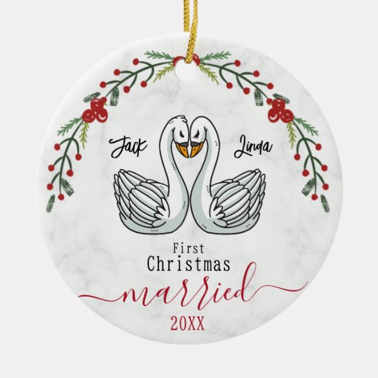 Niedliche erste Weihnachtszeit verheiratete Weißvö Keramik Ornament (Vorne)