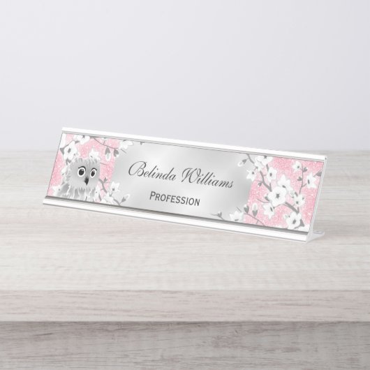 Niedliche Eukalyptusblüten Rosa Glitzer Silber Schreibtischnamensplakette (Vorderseite )
