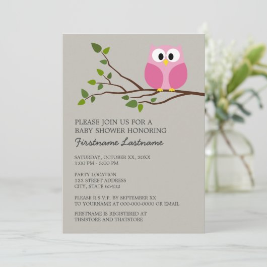 Niedliche Eule auf Zweig-Baby-Dusche Einladung (Stehend Vorderseite)
