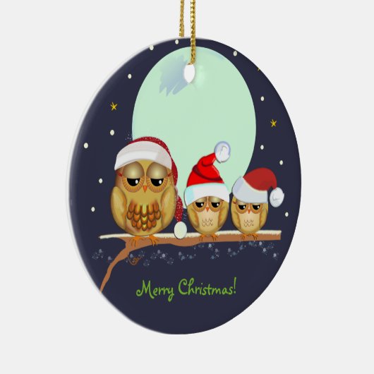 Niedliche Eule-Familie mit Weihnachtsmannmützen un Keramikornament (Rechts)