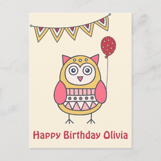 Niedliche Eule - farbenfrohe Kinder Geburtskarte Postkarte (Vorderseite)
