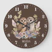 Niedliche Eule-Liebhaber fügen Namen hinzu Große Wanduhr (Vorderseite)