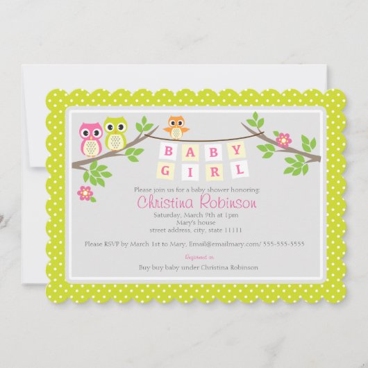 niedliche Eule Mädchen Dusche Einladung (Vorderseite)