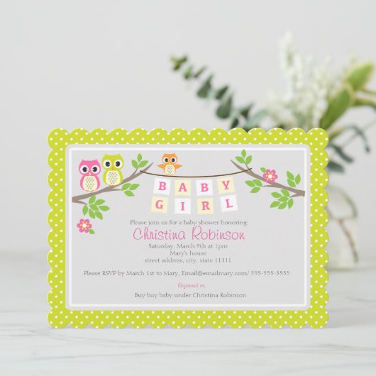 niedliche Eule Mädchen Dusche Einladung (Stehend Vorderseite)