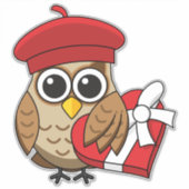 Niedliche Eule mit Red Beret and Heart Box Aufkleber (Vorderseite)