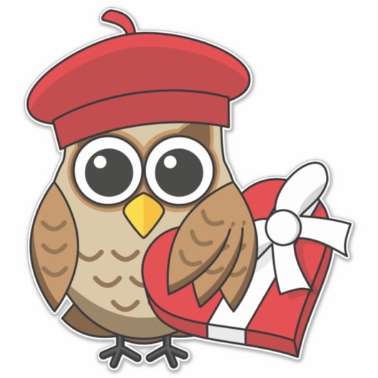 Niedliche Eule mit Red Beret and Heart Box Aufkleber (Vorderseite)