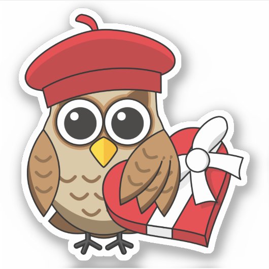 Niedliche Eule mit Red Beret and Heart Box Aufkleber (Vorderseite)