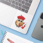 Niedliche Eule mit Red Beret and Heart Box Aufkleber (Laptop mit iPhone)