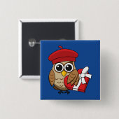 Niedliche Eule mit Red Beret and Heart Box Button (Vorne & Hinten)