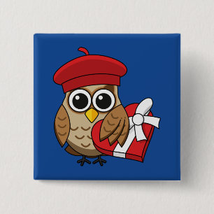 Niedliche Eule mit Red Beret and Heart Box Button