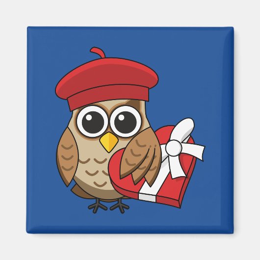 Niedliche Eule mit Red Beret and Heart Box Magnet (Vorne)