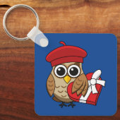 Niedliche Eule mit Red Beret and Heart Box Schlüsselanhänger (Vorderseite)