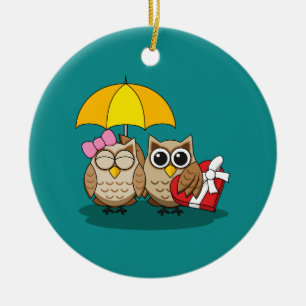 Niedliche Eule mit Schirm und Schokolade Keramik Ornament