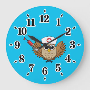 Niedliche Eule mit Spritze Cartoon Große Wanduhr