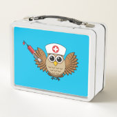 Niedliche Eule mit Spritze Cartoon Metall Brotdose (Rückseite)