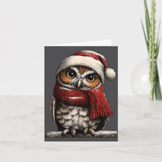 Niedliche Eule mit Weihnachtsmannmütze Schneeiger Karte (Vorderseite)