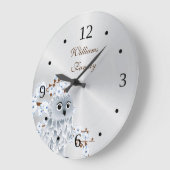 Niedliche Eule und Kirschblüten Silber-Monogramm Große Wanduhr (Winkel)