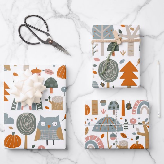 Niedliche Eule und Wald Geschenkpapier Set (Vorderseite)