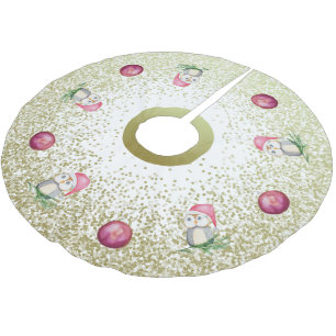 Niedliche Eule und Weihnachtsbälle mit Glitzer Gol Polyester Weihnachtsbaumdecke