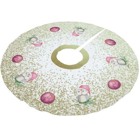 Niedliche Eule und Weihnachtsbälle mit Glitzer Gol Polyester Weihnachtsbaumdecke (Schrägansicht)