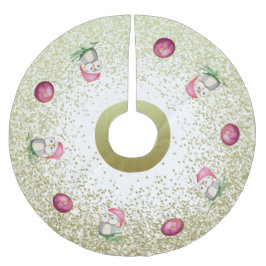 Niedliche Eule und Weihnachtsbälle mit Glitzer Gol Polyester Weihnachtsbaumdecke