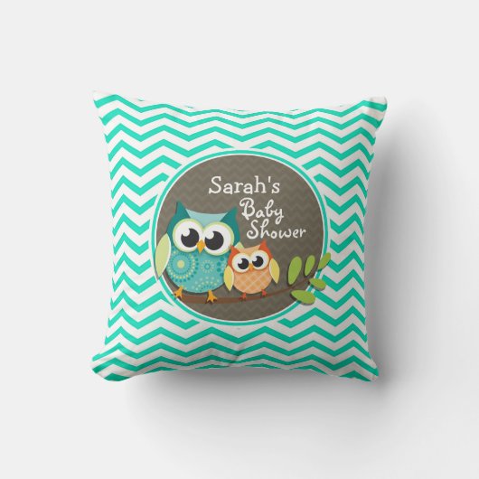 Niedliche Eulen, Aqua Green Zickzack Kissen (Vorderseite)