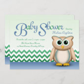Niedliche Eulen-- blaue u. grüne Zickzack Einladung (Vorne/Hinten)