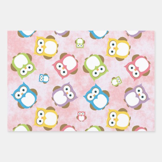 Niedliche Eulen, Eukalyptusmuster, farbige Eulen,  Geschenkpapier Set (Vorderseite 3)