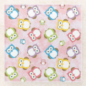 Niedliche Eulen, Eukalyptusmuster, farbige Eulen,  Glasuntersetzer (Vorderseite)