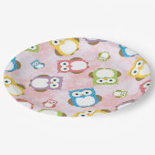 Niedliche Eulen, Eukalyptusmuster, farbige Eulen,  Pappteller (Schrägansicht)