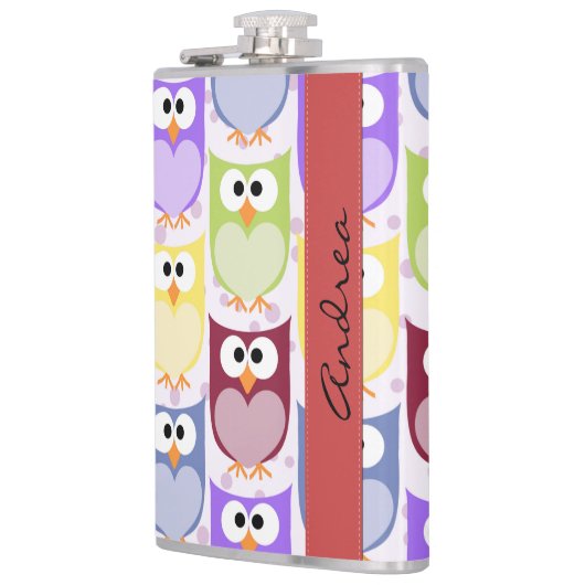 Niedliche Eulen, Eule-Muster, farbenfrohe Eulen, I Flachmann (Links)