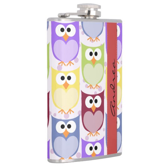 Niedliche Eulen, Eule-Muster, farbenfrohe Eulen, I Flachmann (Rechts)