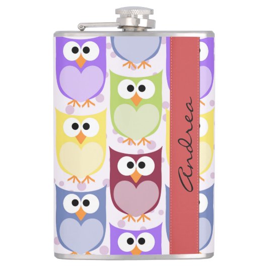 Niedliche Eulen, Eule-Muster, farbenfrohe Eulen, I Flachmann (Vorderseite)